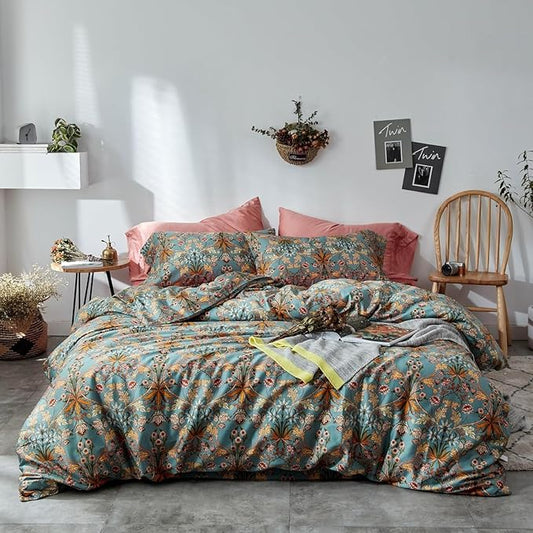Vintage Flower Duvet Cover Full Percale Cotton Medallion Print Floral Bedding Set Full Farmhouse Bohemian Flower Comforter Cover with 2 Pillowcases Aesthetic Boho Duvet Cover with Zipper Closure