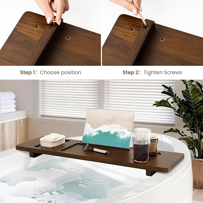 Teak Bathtub Tray - Wood Bath Caddy Tray 29" for Small Tubs - Adjustable Bathtub Table Trays - Luxury Shower Organizer for Home Spa Relaxation and Reading - Dark Walnut Color