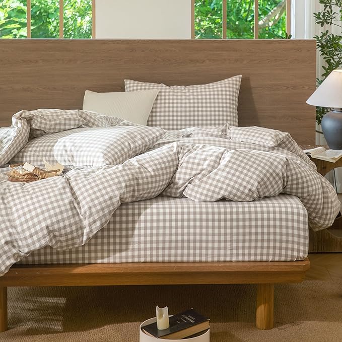 MooMee Gingham Duvet Cover Set 100% Washed Cotton Linen Like Textured Breathable Durable Soft Comfy Modern Checkered Design (Tannish Linen Grey Gingham, Super King 108"x98")