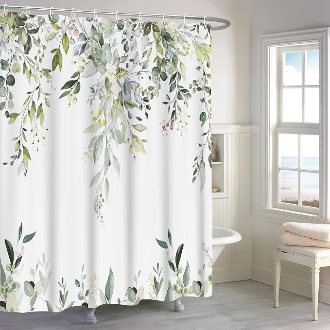 Sage Green Eucalyptus Shower Curtain, Watercolor Leaves Plant Spring Floral Waterproof Fabric Machine Washable with Hooks for Bathroom Bathtub Decor 72x72