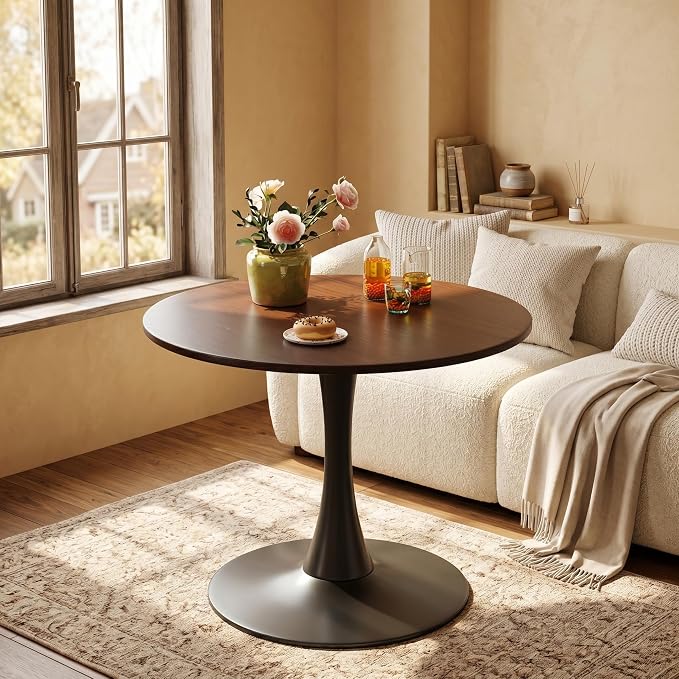 24" Walnut Round Dining Table, Mid Century Modern Pedestal Kitchen Table for Small Spaces, Small Coffee Table for Living Room, Apartment, Studio, Office, Breakfast Nook, Walnut & Black