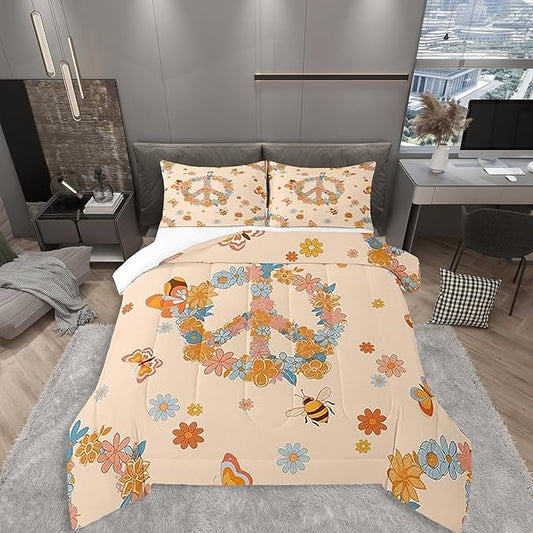 Retro 70s 60s Hippie Bedding Set King Size,Groovy Flowers Butterfly Honeybee Comforter Set Room Decor for Couple,Floral Peace Symbol Microfiber Down Comforter,2 Pillowcases