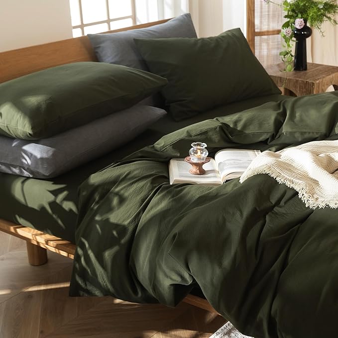 MooMee Bedding Duvet Cover Set 100% Washed Cotton Linen Like Textured Breathable Durable Soft Comfy (Solid Olive Green, Super Queen 90"x98")