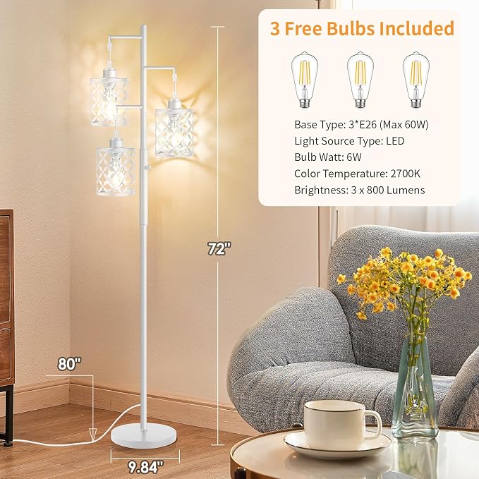 Dimmable Floor Lamp, Farmhouse Standing Lamp with Elegant Metal Cage, Industrial Tall Tree Floor Lamps for Living Room, Bedroom, Study Room, Office, 3 x 800LM LED Bulbs Included, 72", White