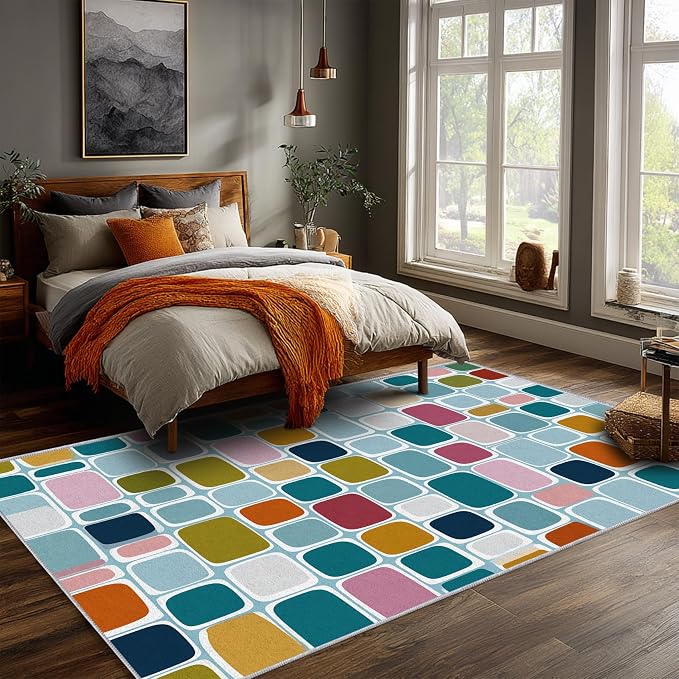 Mid Century Modern Throw Rugs 2x3, Geometric Retro Washable 2 x 3 Indoor Door Mat for Entryway, Bedroom, Kitchen, Low Pile Non Slip Stain Resistant, Mid Century Home Decor & M904