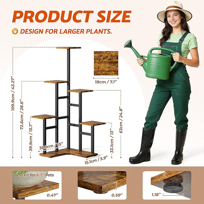 5 Tier Corner Plant Stand Indoor Wood, Metal Plant Shelf Outdoor, Tall Plant Stands Plant Tables Indoor Plant Rack Tiered Plant Stand Garden Accessories for Balcony Patio -BlackSquare