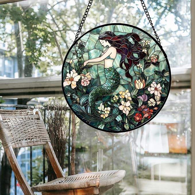 Stained Glass Window Hanging - Teal Sleeping Mermaid Suncatcher for Door Terrace Garden Home Decor, Sea of Flowers Sun Catcher Birthday Gifts for Lovers Women Men Dad Mom Nana 6.3 in