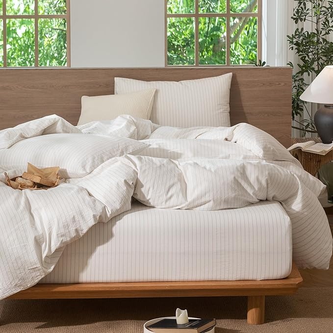 MooMee Striped Duvet Cover Set 100% Washed Cotton Linen Like Textured Breathable Durable Soft Comfy (White Almond Milk Grey Wide Stripes, Twin 68"x90")