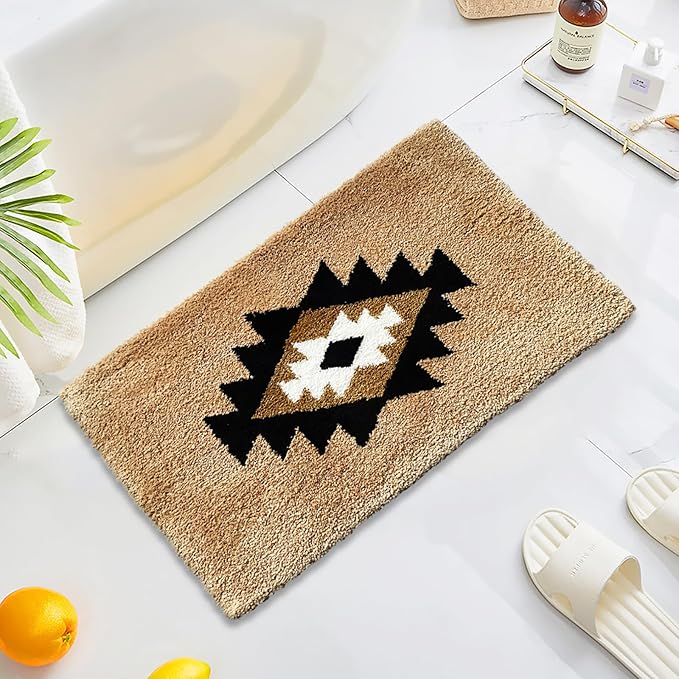 Boho Bath Mats Non Slip Geometric Bathroom Rugs Fluffy Soft Absorbent Bath Rug for Bathroom Shower Sink Home Entryway Bohemian Farmhouse Decor 30"×20", Camel