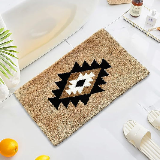 Boho Bath Mats Non Slip Geometric Bathroom Rugs Fluffy Soft Absorbent Bath Rug for Bathroom Shower Sink Home Entryway Bohemian Farmhouse Decor 30"×20", Camel