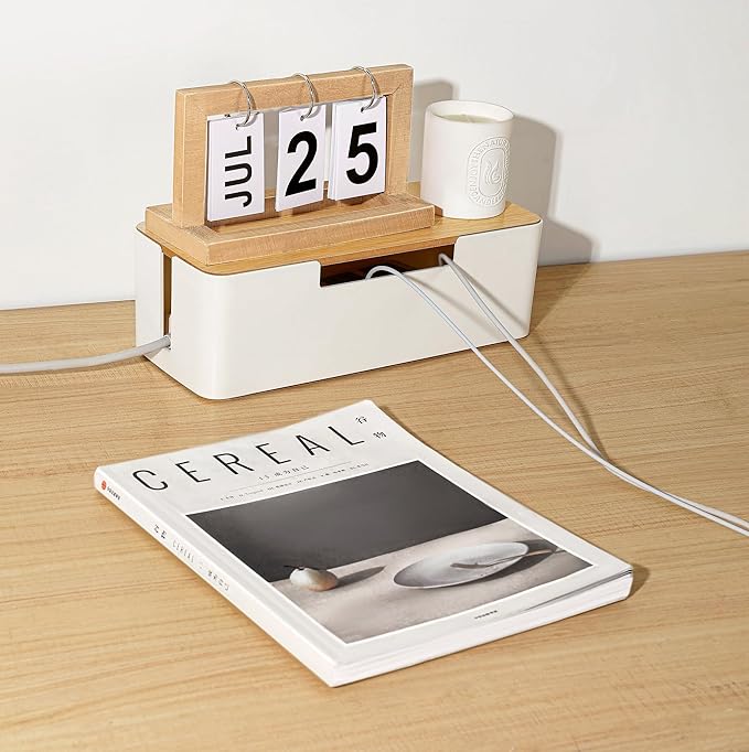 BUYSK ABS Cord Organizer Box with Wooden Lid, Cable Management Box for Power Strips or Surge Protectors, Desk Cable Tidy Box for Office Home(White)