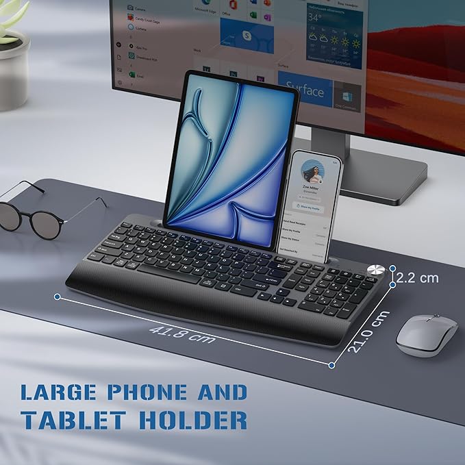 JOYACCESS Wireless Keyboard and Mouse, Ergonomic Wireless Keyboard with Wrist Rest and Phone Holder, Quiet Computer Mouse for Mac PC Laptop-Black Grey