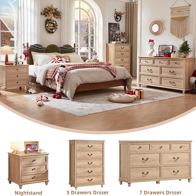 Farmhouse 54" 7 Drawers Dresser for Bedroom, Wide Chest of Drawers w/ 4 Wooden Legs, Vintage Rustic Large Closet Storage Dressers Organizer for Hallway, Wood TV Stand for Living Room, Natural