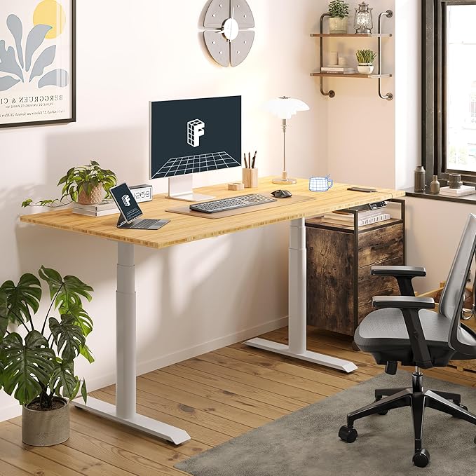 FLEXISPOT E6 Pro Oval Leg Dual Motor 3 Stages Bamboo Electric Standing Desk 55x28 Inch Whole-Piece Board Height Adjustable Electric Sit Stand Up Desk (White Frame + Bamboo Desktop)
