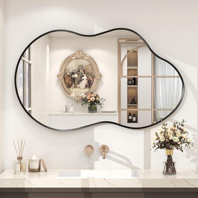 40x24 Black Irregular Wall Mirror, Black Matte Asymmetrical Bathroom Mirror, Decorative Framed Mirror for Bathroom Bedroom Entryway, Shatterproof, Anti-Rust (Horizontally/Vertically)