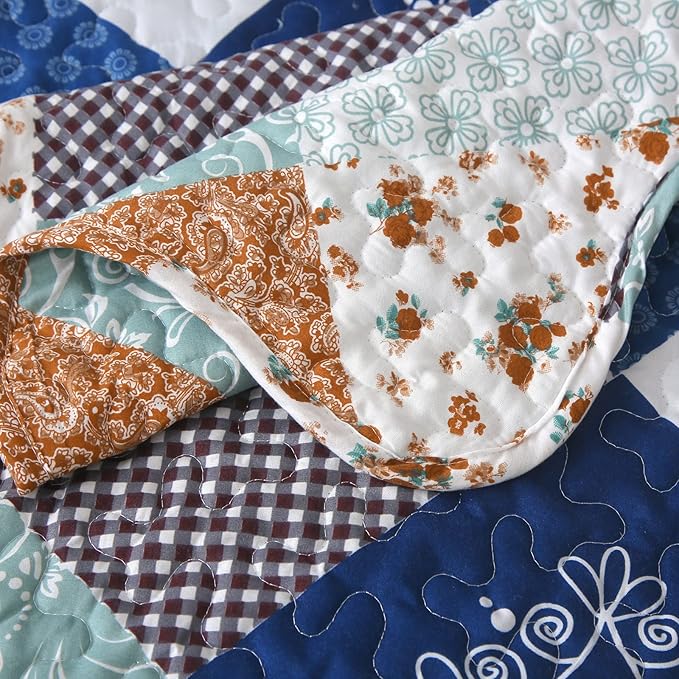 Dinjoy Reversible Patchwork Quilt Bedding Set Queen Size Blue Green Grey Plaid Floral Pattern Bedspread Set Soft Microfiber Coverlets Bed Set 3 Pieces Fall Autumn All Season Use