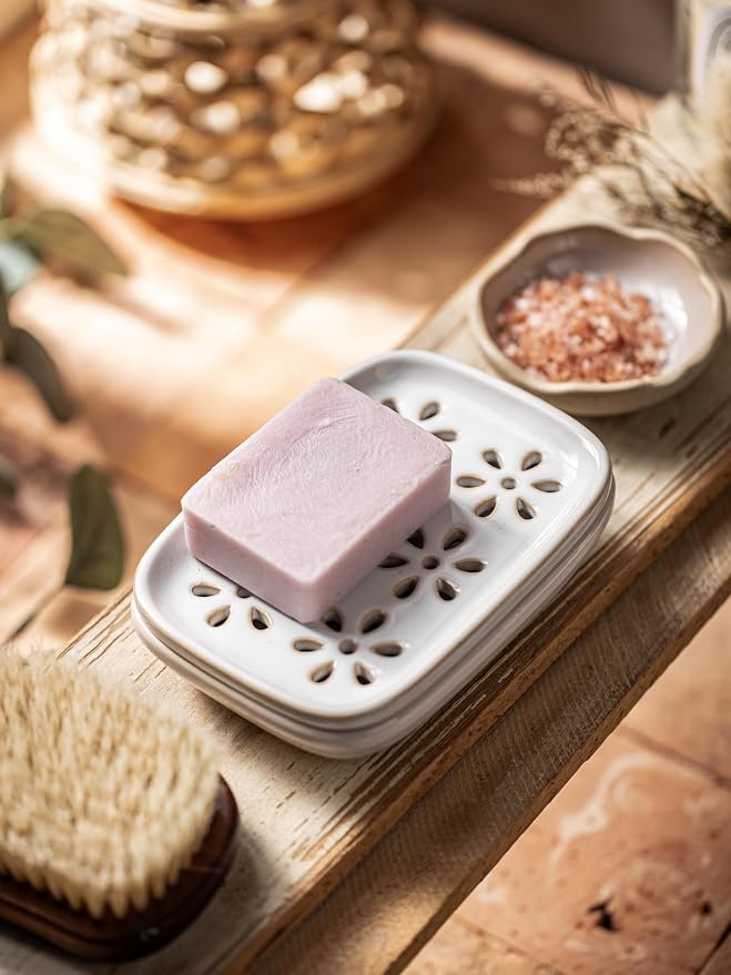 Miamolo Soap Dish for Shower with Drainage, Double Layer Bar Soap Holder, Ceramic Soap Saver Sponge Holder for Bathroom, Tub and Kitchen Sink, Slotted Draining Soap Dishes Extend Soap Life, Beige