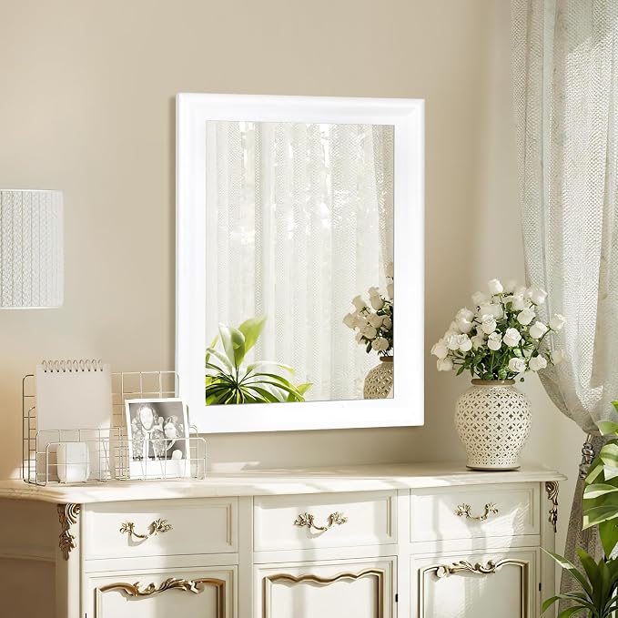 CULER White Wood Wall Mirror for Bathroom,Rectangle 20 x 16 inch Hanging Vanity Mirrors with Wooden Frame for Living Room,Bedroom,Entryway
