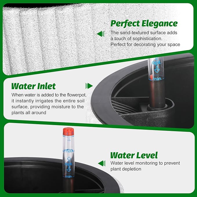 14.2" Tall Planters Set of 2, Plant Pots, Self Watering Pots for Indoor Plants, Flower Pots With Built-In Drainage and a Water Level Monitor, for Patio, Porch, Living Room, or Office, Marble White
