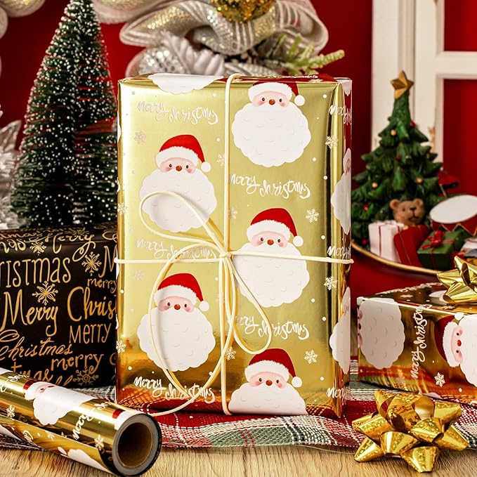 MAYPLUSS Gold Santa Claus Wrapping Paper Roll, 17IN X 33FT Christmas Gift Wrap Paper Featuring Reversible Merry Christmas for Holiday New Year Kids