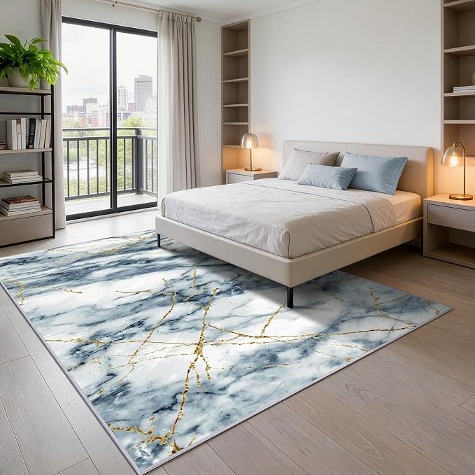 Merelax 5x8 Abstract Rug for Livingroom Bedroom - Washable Non-Slip Modern Area Rug, Indoor Floor Carpet Low Pile Soft Rug for Dining Room, Mudroom, Aesthetic Geometric Decor, Blue/Gold