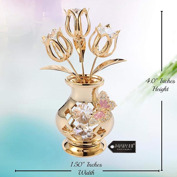 Matashi 24K Gold Plated Crystal Studded Flower Ornament in a Vase with Decorative Butterfly, Christmas, Mother's Day, Valentine's Gift, Tabletop Centerpiece (Clear Crystals)