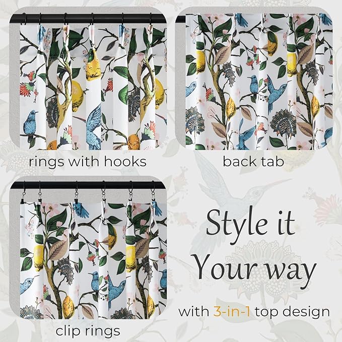 Blue White Vintage Floral Curtains 84 Inches Long for Living Room Bedroom Luxury Whimsical Lemon Hummingbird Patterned Waverly Mid Century Colorful Pinch Pleated Blackout Drapes 2 Panels