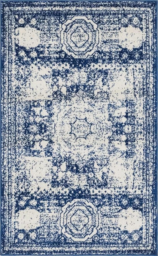Unique Loom Bromley Collection Area Rug - Wells (3' 3" x 5' 3" Rectangle, Ivory and Blue/ Ivory)