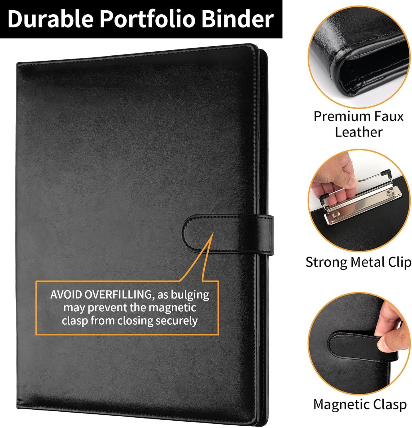Skiennix Professional Padfolio - Faux Leather Portfolio with Clipboard | A4 Letter Size Organizer in Black
