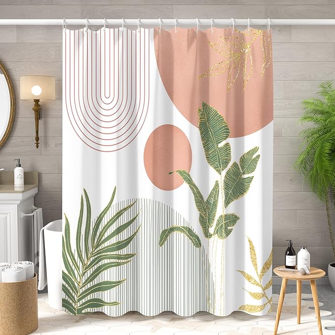 Mid Century Boho Shower Curtain 72x72 inch, Abstract Modern Sun Minimalist Aesthetic Shower Curtain, Bohemian Geometric Arch Curve Leaves Neutral Art Fabric Bathroom Decor Pink