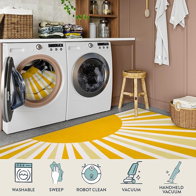 Lahome Yellow Rainbow Sun Area Rug: 5'x7' Ultra-Thin Machine Washable & Non-Slip with Cute Boho Print for Nursery, Bedroom, Living Room, Classroom & Dorm