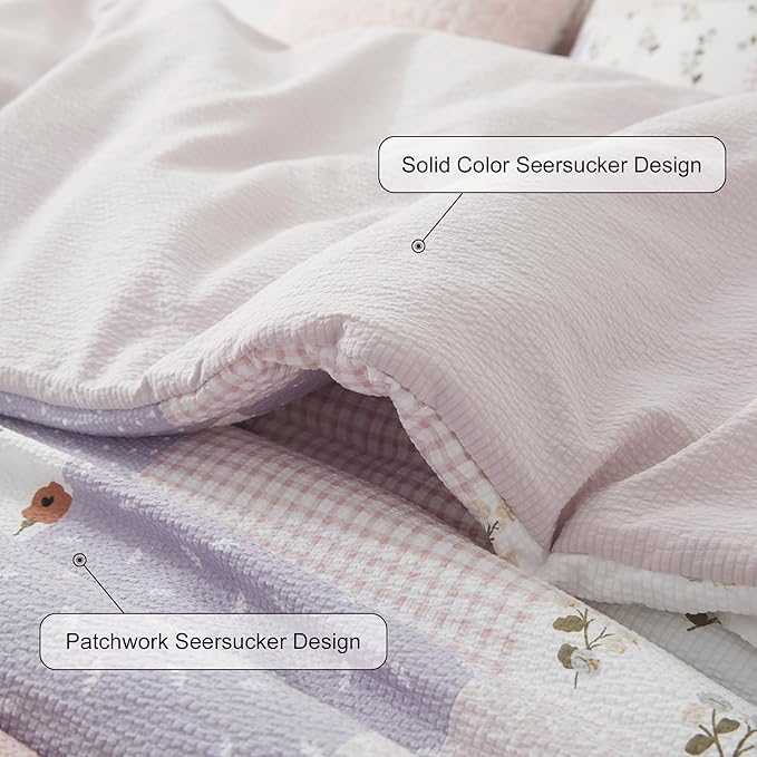 Oli Anderson Queen Comforter Set, 7 Pieces Misty Pink Floral Seersucker Bed Comforter, Patchwork Reversible Bed in a Bag with Comforter, Sheets, Pillowcases & Shams (Misty Pink, Queen)