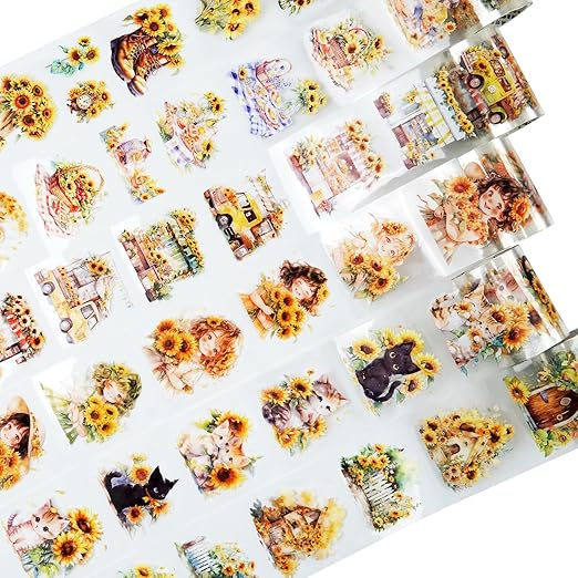 AuriicLeaf Blooming Sunflower PET Tape Set, 6 Rolls of Pre-Cut Floral Stickers for Journaling, Scrapbook Supplies, DIY Crafts, and Decorative Art
