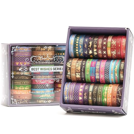 Songdao 36 Rolls Skinny Washi Tape Set Gold Foil Detailing Arts Adhesive Tapes Basic Patterns Decorative Masking Tape Sets for Craft, Kids, Scrapbook, DIY, Gift Wrapping (Bronzing Letters)