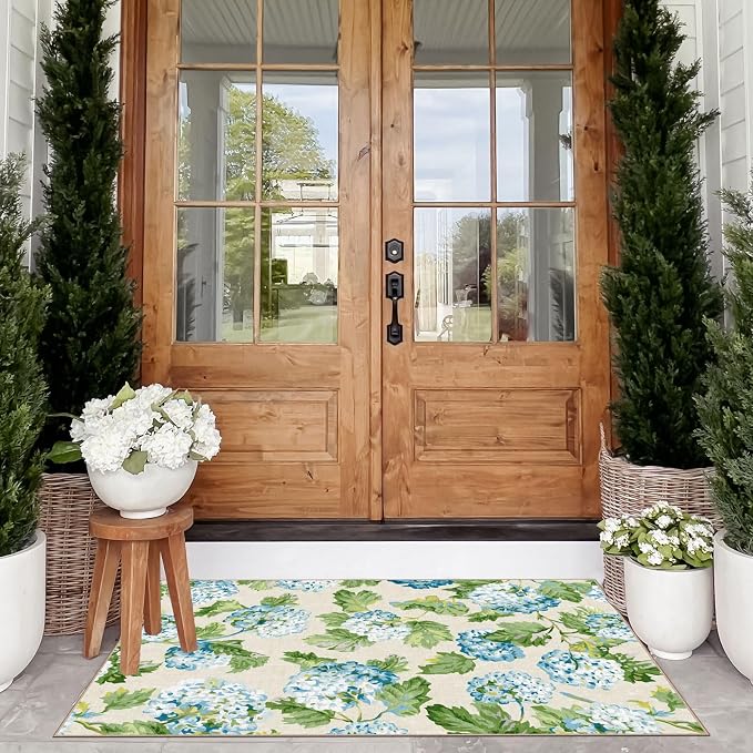 Floral Outdoor Rug - 28" x 43" Front Door Mat Indoor Outside Entrance Non-Slip Washable Outdoor Mat Light Blue Green Flower Rug for Entryway Kitchen Bedroom Layered Doormat for Front Porch