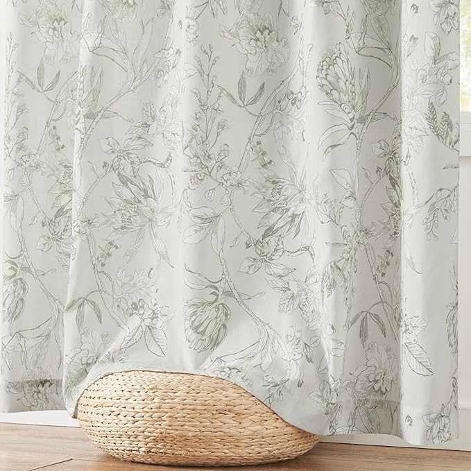 jinchan Floral Curtains 63 Inch Length Charcoal Grey Flower Linen Farmhouse Curtain for Living Room French Country Vintage Curtain Rod Pocket Curtains Set 2 Panels Gray Floral Printed