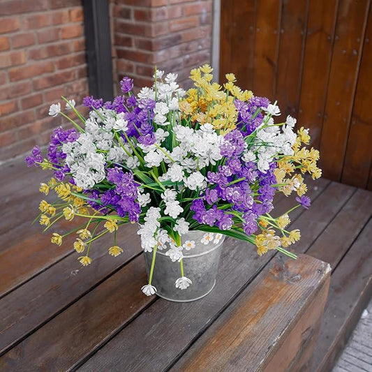 Artificial Flowers, 12 Bundles UV-Resistant and Not-Fading PE Faux Plants Flowers for Outdoor Planters Home Garden Porch Wedding Décor, Yellow Purple White