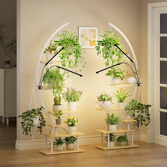 GREENSTELL Plant Stand Indoor with Grow Lights, 7-Tiered Tall Metal Plant Stand for Indoor Plants, Half-Moon Shape Display Shelf for Home,Living Room, Patio, White (1 Pack)