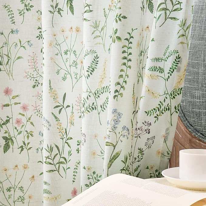 jinchan Floral Linen Blend Curtains for Living Room 96 Inch Length French Country Farmhouse Printed Curtains Sage Green on White Rod Pocket Back Tab Light Filtering Window Drapes 2 Panels