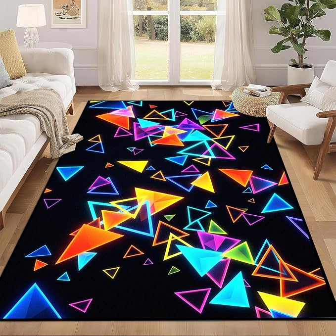 Triangle Area Rug 5'x7' Blacklight Glow in The Dark Geometric Rug Non-Slip Washable Colorful Neon Light Floor Mat for Bedroom Living Room Nursery Kitchen Playroom Home Decor