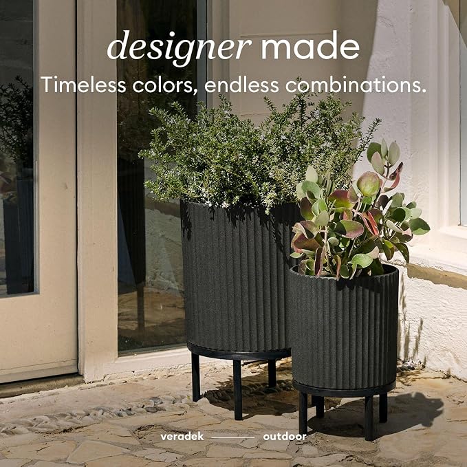 Veradek Demi Series Round Planter w/ Stand for Porch/Patio | Durable Plastic-Concrete & Wooden Stand | Modern Décor for Tall Plants, Flowers