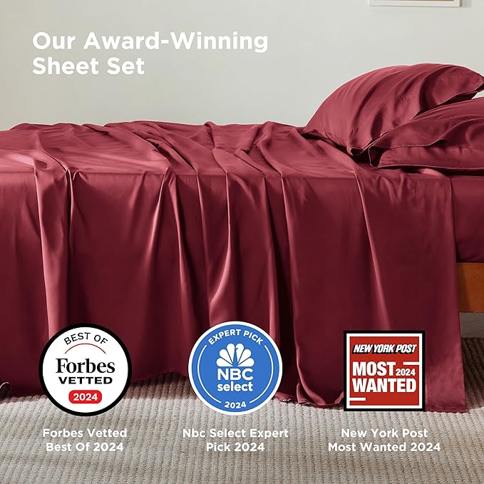 Bedsure California King Sheet Sets, Cooling Sheets, Rayon Derived from Bamboo, Breathable & Soft, Deep Pocket Up to 16 Inches, Hotel Luxury Silky Bedding for Hot Sleepers, Burgundy