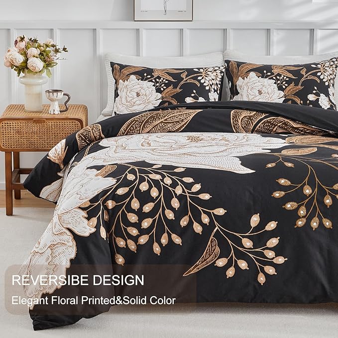 mixinni Black Floral Duvet Cover Twin XL Size, 3 Pieces Garden Style Botanical Flowers Leaves Bedding Set, Soft Cotton Reversible Farmhouse Boho Duvet Cover and 2 Pillowcases for All Season