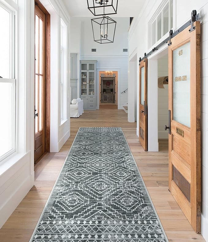 Wonnitar Moroccan Washable Kitchen Runner Rug 2'6"x8', Non-Slip Dark Grey Boho Rug Runners for Hallways, Farmhouse Floor Carpet Soft Runner for Bathroom Hall Entyway (Dark Grey,2'6"x8')