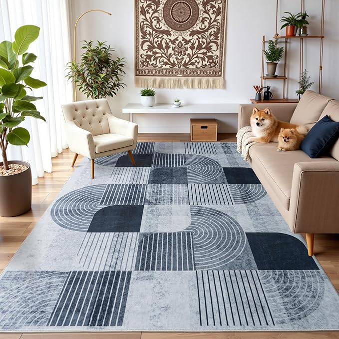5x7ft Area Rugs for Bedroom Living Room - Soft Mid Century Modern Rug, Washable Non-Slip Grey Rug Indoor Floor Abstract Carpet for Dining Room Nursery Office Home Decor