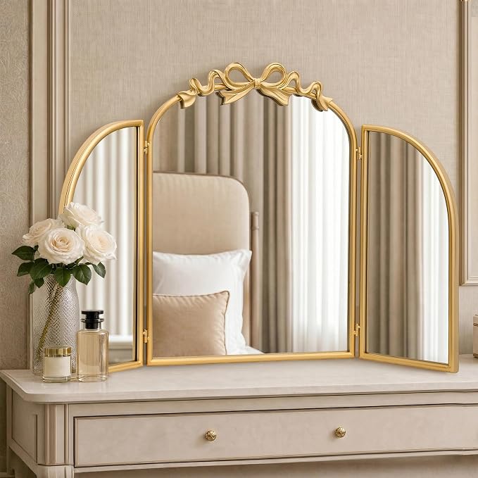 Besdomus Bow Vanity 3 Way Mirror: 36"x24" Gold Large Antique Wall Vanity Mirror - French Baroque Traditional Ornate for Bathroom/Bedroom/Living Room - Home Decor for Housewife