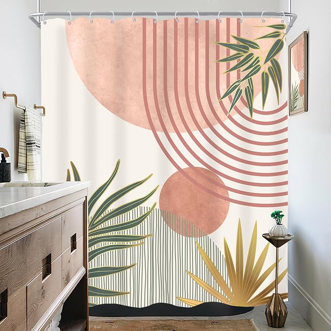 KOMLLEX Mid Century Pink Green Boho Shower Curtain 60Wx72L Inches Abstract Modern Shower Curtains for Bathroom Orange Gold Botanical Minimalist Arch Sun Fabric Liner Waterproof Polyester 12 Pack Hooks