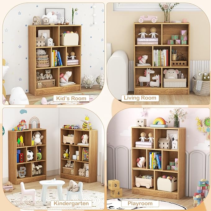 HONEY JOY Kids Toy Storage Organizer, 7-Section Wooden Floor Storage Cabinet, 41” Daycare Toy Chest, 3-Tier Kids Display Bookshelf for Classroom, Playroom & Nursery, Kindergarten (Natural)