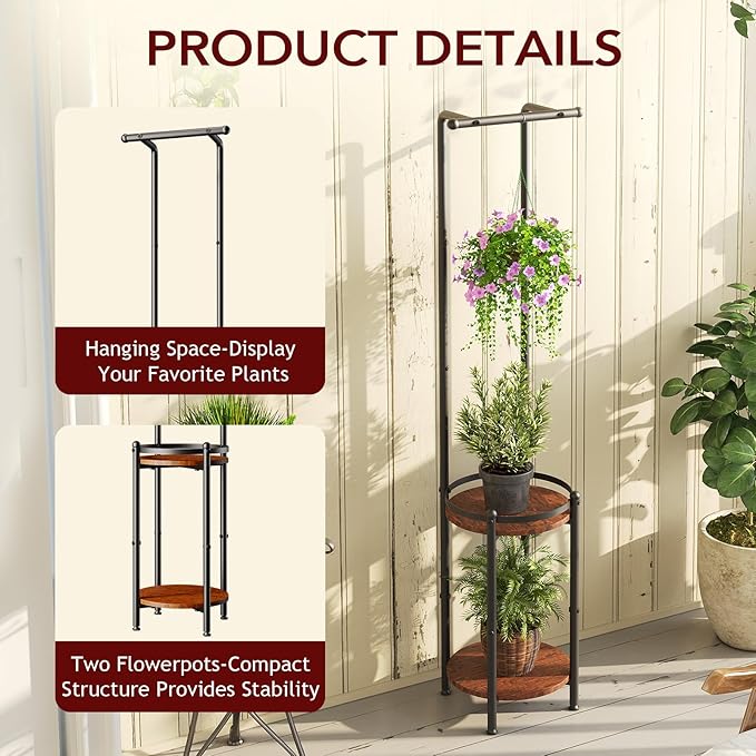 Homsorout Plant Stand Indoor Outdoor - Heavy Duty Metal 2-tier Hanging Plant Holder Space-Saving Iron Plant Stands Tall Plant Shelf for Living Room Garden Balcony（Rustic Brown and Black）