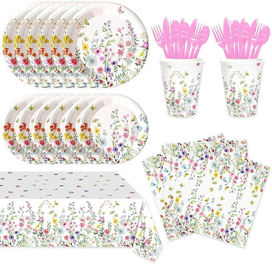 141pcs Spring Wildflower Party Decorations include Wildflower Plates Napkins Forks Knives Straws Tablecloth Cups for Floral Baby Shower Birthday Decorations,Suitable for 20 Guests